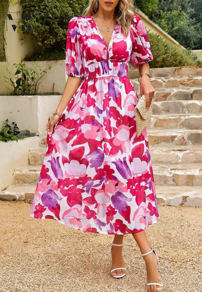Monica | Floral Midi Dress with Puff Sleeves