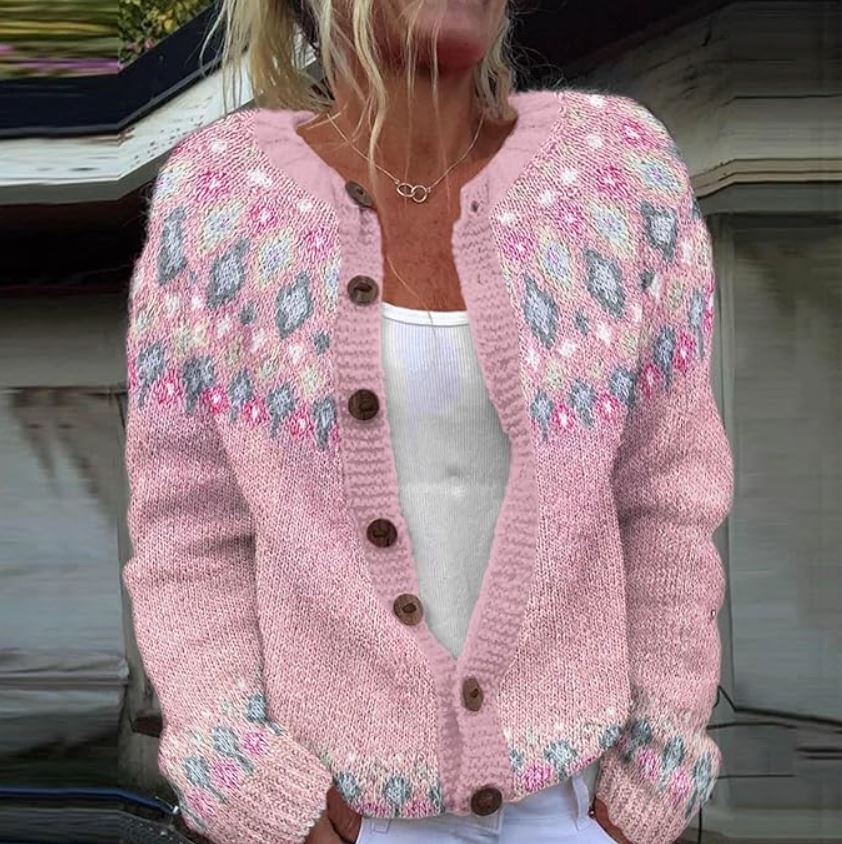 Sophie | Pink loose fitting cardigan with print