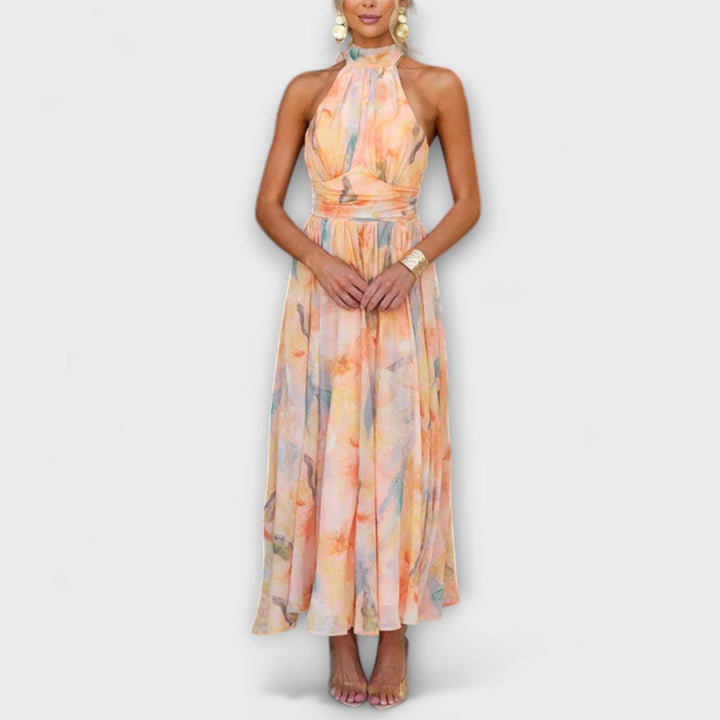 Barbara | Halter-Neck Watercolor Print Maxi Dress