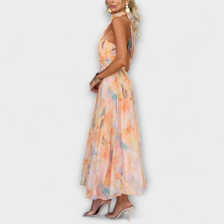 Barbara | Halter-Neck Watercolor Print Maxi Dress