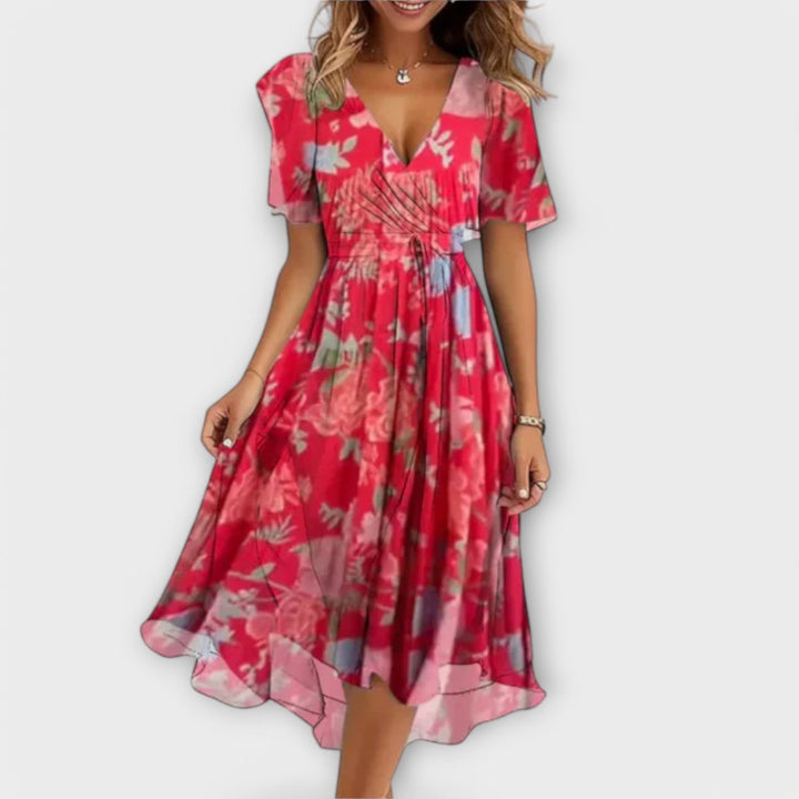 Anegret | Stylish Floral V-Neck Midi Dress